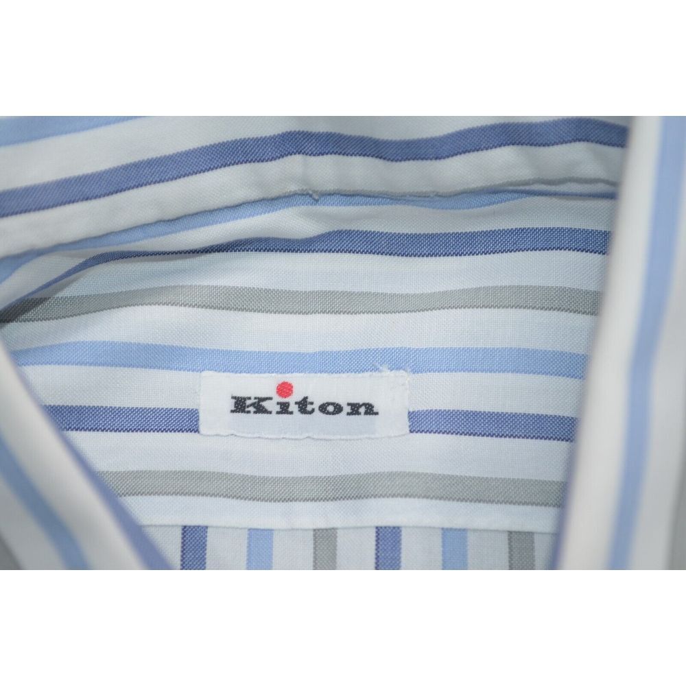 Kiton Men's Button-Down Dress Shirt in White with Blue and Yellow Stripes - Picture 2 of 11